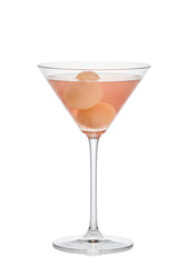 Pink cocktail in a martini glass with balls, elegant glassware on a dark background