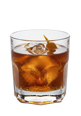 A full glass filled with a cocktail and ice, garnished with a peel on a black background