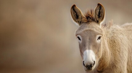 Obraz premium Close-up portrait of a donkey. the donkey is facing the camera and is looking directly at the camera. it has a light brown coat with a white nose and ears that are slightly pointed.