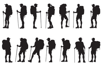 Male hiker set silhouette vector on White Background.