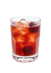 A refreshing cocktail with ice and cherries, garnished to perfection in a glass