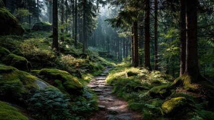 Obraz premium Forest Path Through Green Woods