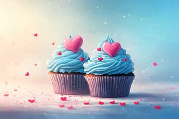 Two adorable cupcakes, adorned with light blue frosting and pink hearts, sit on a light-colored surface, amidst a soft, romantic atmosphere