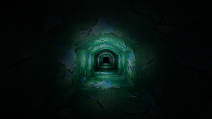 Obraz premium dark gloomy corridor going into the distance covered with old green paint with cracks. 3d render illustration