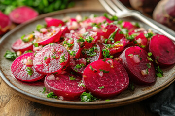 Plate of beets topped with herbs.
