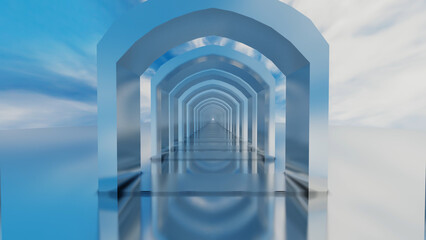 abstract background glossy rows of arches going into the distance against the blue sky. 3d render illustration