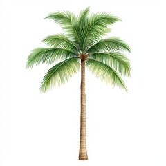 A tall palm tree with green fronds and a slender brown trunk, isolated on a white background.