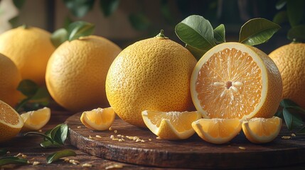 Fresh citrus fruits on wooden board