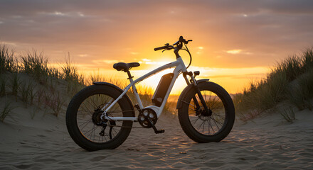 Fototapeta premium White Electric Bike Parked Near Sandy Beach With Golden Sunset In The Background Under Soft Lighting Style