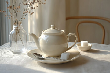 White teapot and teacup on table.