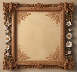 Obraz premium Deeply carved wooden frame with blooming flowers embraces ancient scroll; ethereal, ornate , antique, detail
