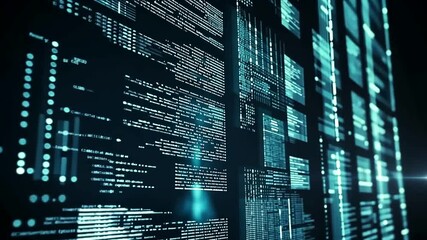 Glowing lines of code and data cascade across multiple digital screens, creating a futuristic technological interface - Powered by Adobe