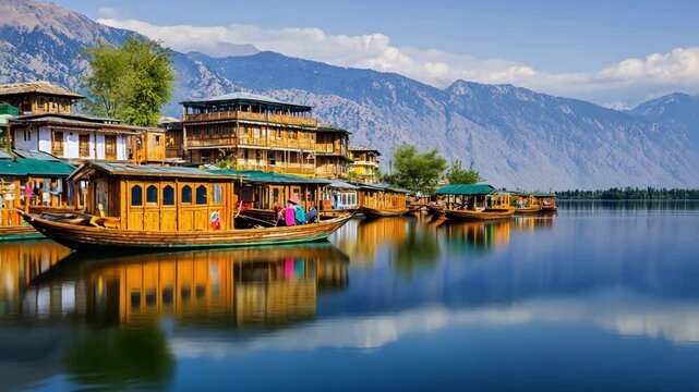 Scenic view of Dal Lake and houseboats in Kashmir.