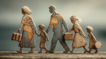 Stylized wooden sculpture of refugee family walking with suitcases engraved with world maps concept art for World Refugee Day, forced migration and symbolic storytelling visuals