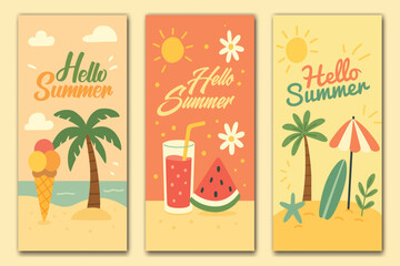 Summer vertical flat banner set with palm tree, watermelon, ice cream, drink and beach elements in retro pastel colors