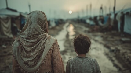 Mother and child standing in refugee camp at sunset facing muddy road in emotional and quiet moment for World Refugee Day concepts and humanitarian storytelling visuals