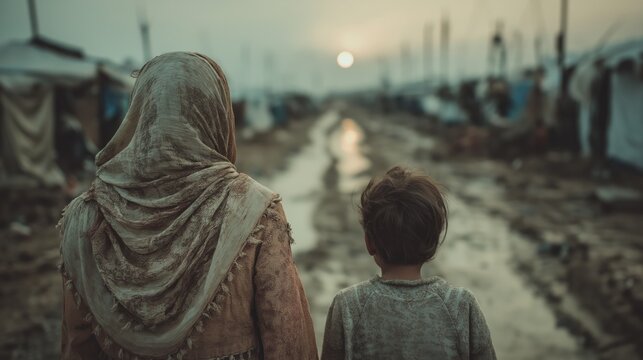 Mother and child standing in refugee camp at sunset facing muddy road in emotional and quiet moment for World Refugee Day concepts and humanitarian storytelling visuals