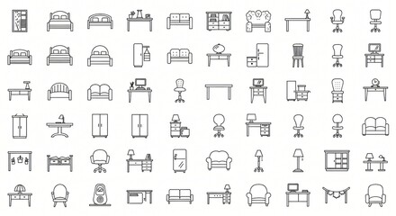 line art set of icons depicting furniture illustrations vectors symbols icons 
