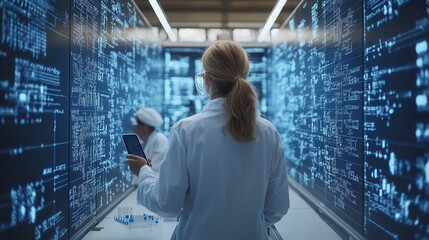 Lab environment with digital screens and professionals examining data