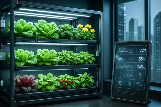 Indoor vertical farm with thriving plants. Apartment gardening with leafy greens and monitoring system in urban hydroponics setup.