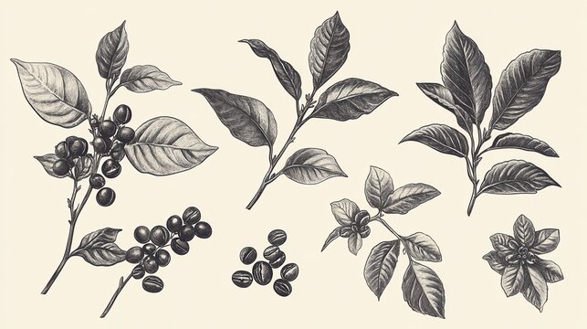 Coffee plants sketch. Vintage black beans, tasty arabica robusta grains. Isolated hand drawn branch and leaf, cafe cafeteria vector elements. Sketch drawing leaf engraving caffeine illustration illus