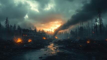 Post-apocalyptic landscape of devastation.  Flames engulf destroyed buildings, smoke billows across a scorched forest