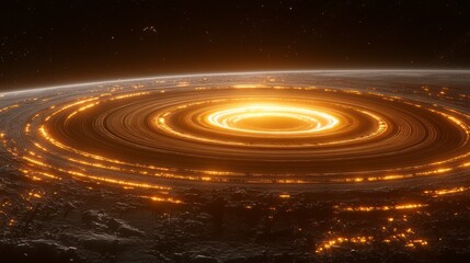Illuminated rings encircle a planet, bright lights contrasting dark surface in a cosmic view