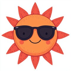 A smiling sun wearing sunglasses with rosy cheeks, radiating a cheerful and cool vibe on a white background.