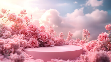 Fototapeta premium A dreamy pastel circular pink podium by blooming pink roses, a soft sky with fluffy clouds. a romantic surreal showcasing product. floral display, flowers around a stage, Valentine’s Day background