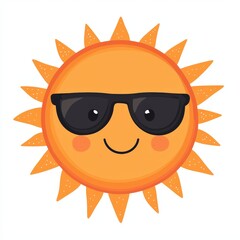 Cute cartoon sun with sunglasses, smiling and cheerful on a white background.
