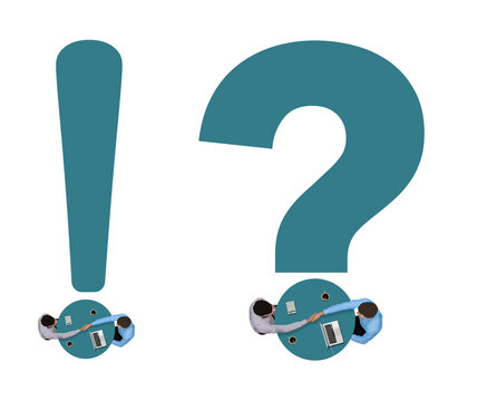 Two businessmen shake hands over a table  that is part of an exclaimation mark and a question mark,in a 3-d illustration.