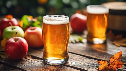 Chilled cider glass rustic wooden table autumn leaves and fresh apples nearby soft natural lighting casting warm glow shallow depth of field on cider glass blurred autumn ambiance
