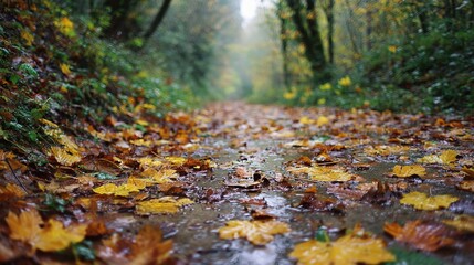 Wet Autumn Leaves on Forest Path Amid Seasonal Change in Nature