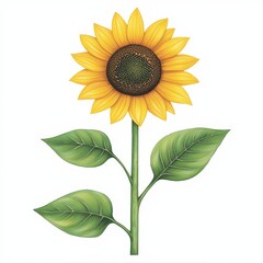 Fototapeta premium A bright yellow sunflower with green leaves and a brown center on a white background.