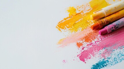 Obraz premium Close-up of a group of crayons on a white surface. there are four crayon sticks of different colors - yellow, orange, pink, blue, and purple - arranged in a diagonal line.