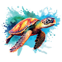 A vibrant sea turtle, a marine reptile with a distinctive shell, swims gracefully underwater near a tropical coral reef
