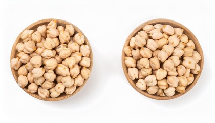 Two wooden bowls overflowing with chickpeas on white background