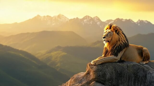 Majestic lion atop a mountain peak at golden sunset.  A powerful predator surveys the vast landscape