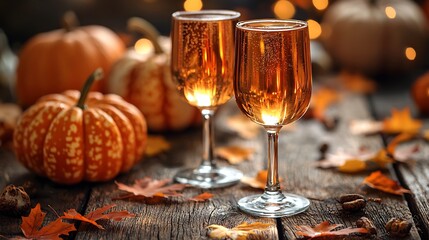 Cider glass rustic wooden table with soft warm autumn lighting surrounded by fall leaves pumpkins and cozy ambiance soft blurred background with autumn tones and cider clarity