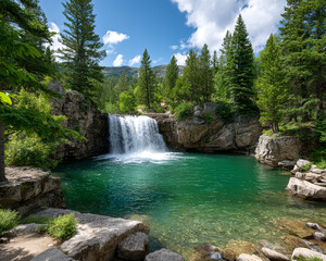 Powerful waterfall crashing into emerald river below 32k, full ultra hd, high resolution