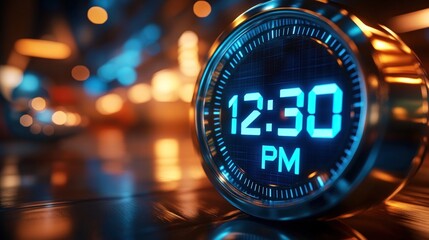 Futuristic digital clock displaying 1230 PM in a modern setting