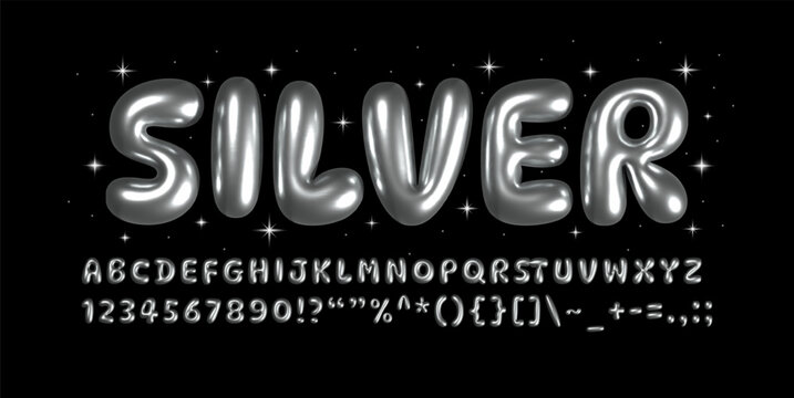 Glossy metallic shiny silver font. Chrome Metal Text Effect.  Realistic Inflated alphabet, 3D ballon letters and numbers in Y2K style