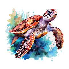 A vibrant sea turtle, a marine reptile with a distinctive shell, swims gracefully underwater near a tropical coral reef