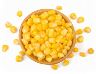 Fototapeta premium Wooden bowl overflowing with fresh corn kernels on white background