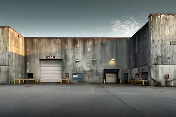 Deserted industrial warehouse with a moody atmosphere at dusk.