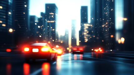 Urban Night Traffic with Blurry City Lights and Reflections in Rain