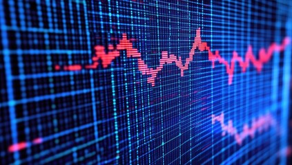 Fluctuating stock market graph displayed on a digital screen.  Detailed analysis of financial data