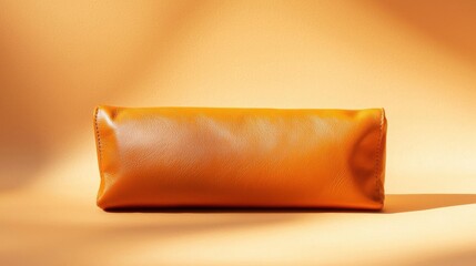 Close-up of an orange leather pouch or clutch bag. the pouch is rectangular in shape and appears to be made of a smooth, shiny leather material.