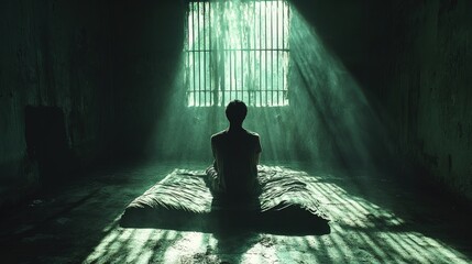 Silhouette of person sits in dark cell, light through barred window