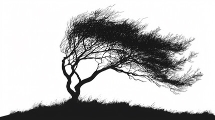 Wind-Swept Silhouette: A lone tree battling the fierce wind, its branches contorted in a dramatic dance against the sky.